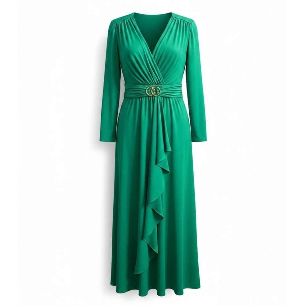 Vintage Leslie Fay Green Maxi Dress Long Sleeve V-Neck Ruffle Gown Gold Buckle
